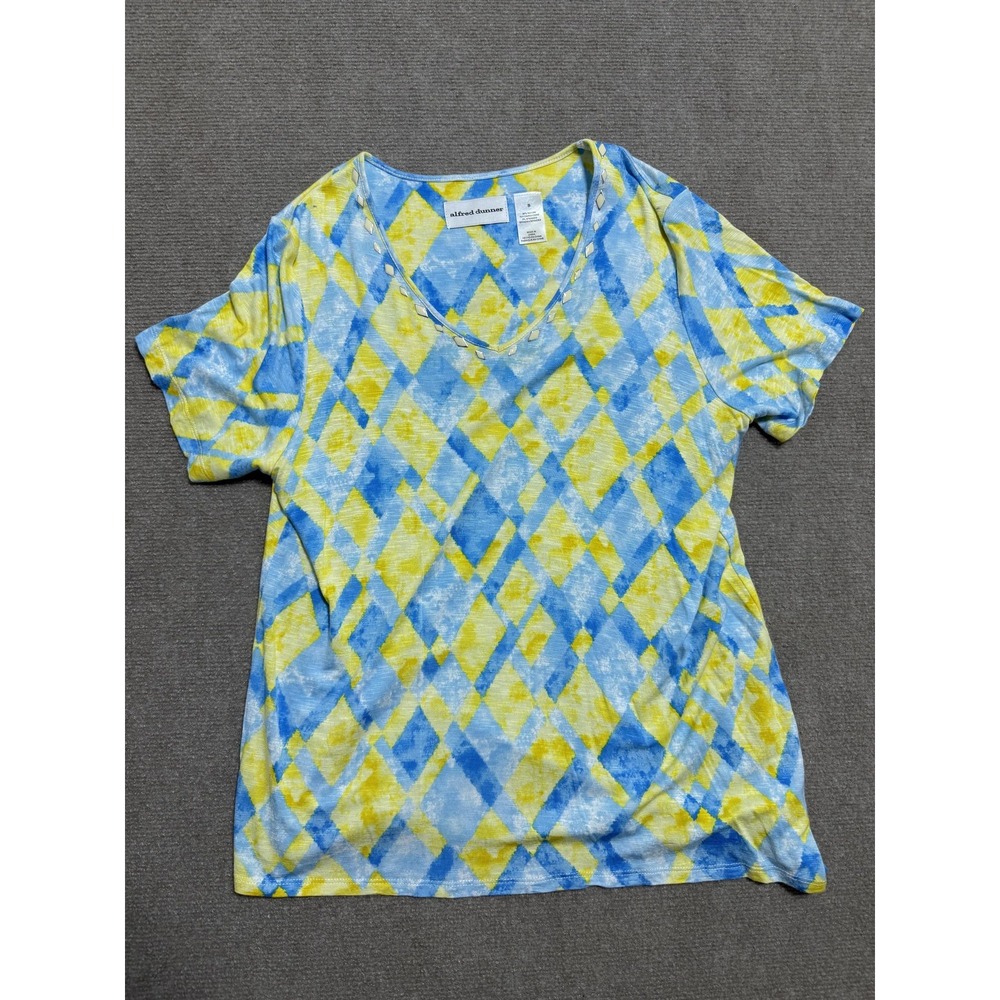 Alfred Dunner Shirt Womens Large Blue Yellow Studded V Neck Argyle Short Sleeve